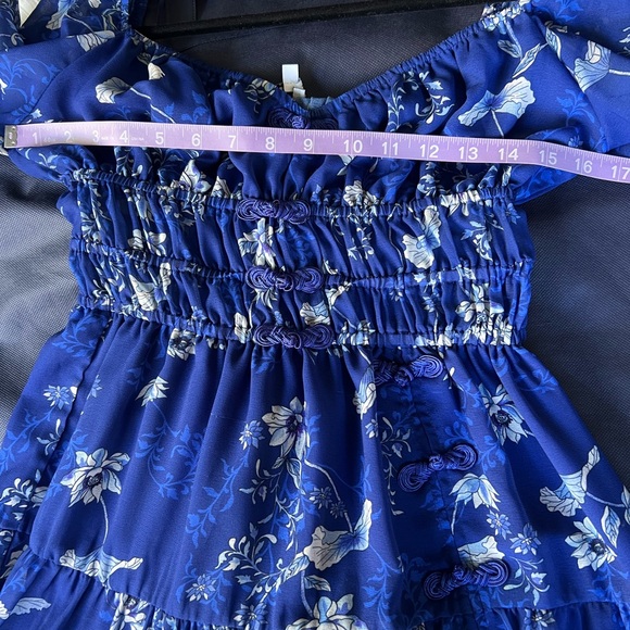 Sau Lee Gianna Dress Blue White Floral Sheer Ruched Waist Maxi Midi Size 6 - Picture 9 of 10